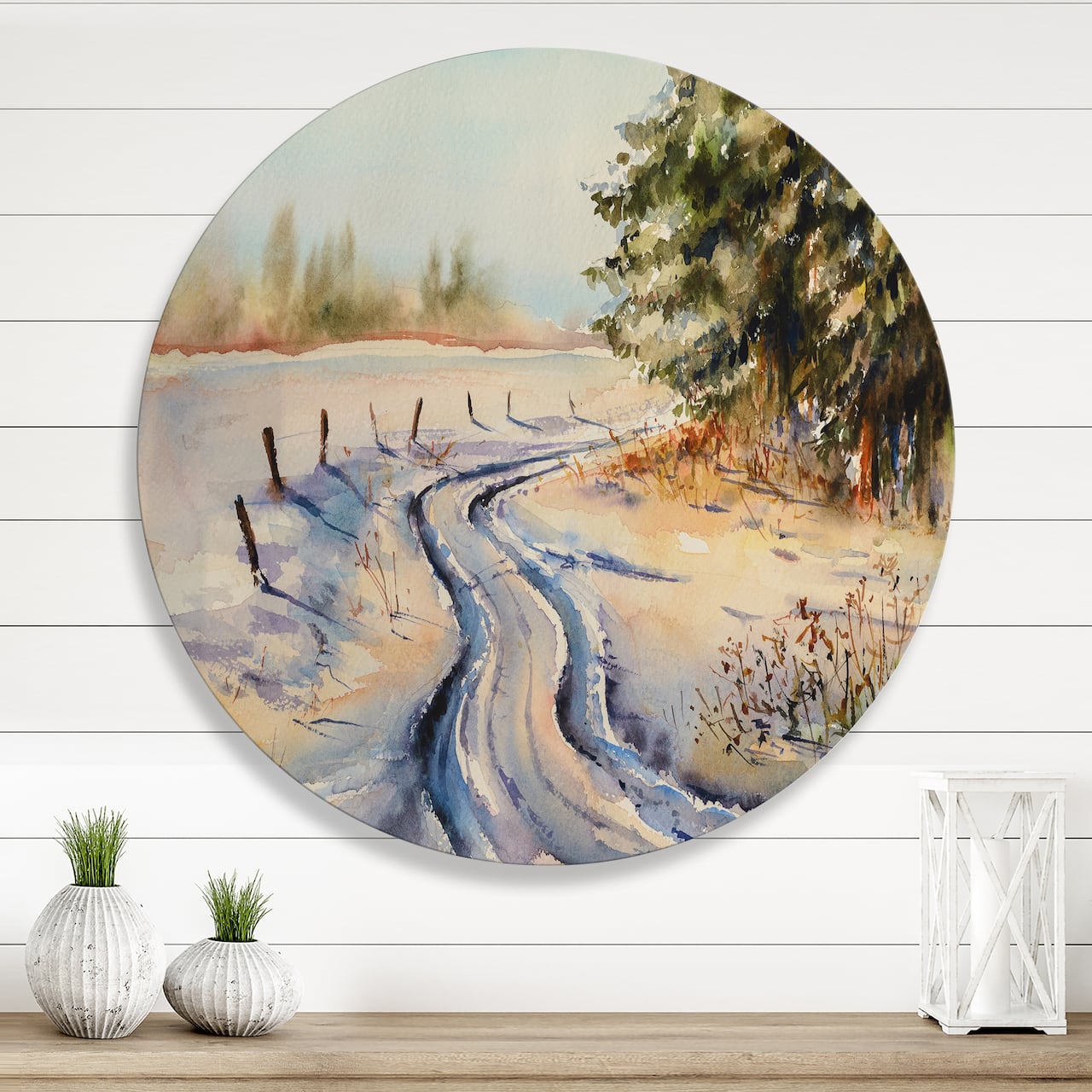Designart - Snowy Winter Forest Landscape Country Road In Snow - Traditional Metal Circle Wall Art